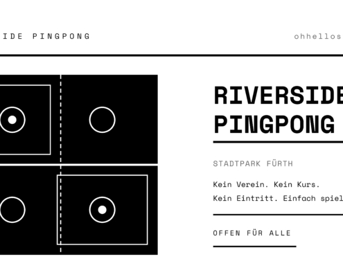 Schwarz-weiße Infografik mit stilisierter Tischtennisplatte links und Textinformationen zu Riverside Pingpong rechts.